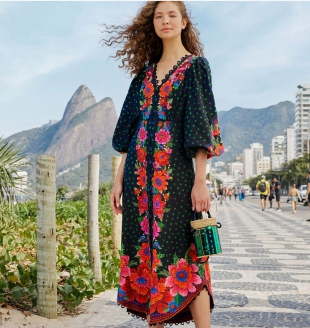 FARM Rio Black Maxi Dress with Vibrant Floral Design - Picture 1 of 3